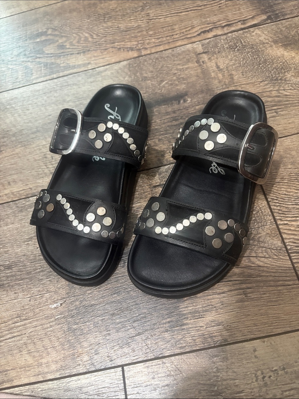 Free People Black Studded Double-Strap Slide Sandals